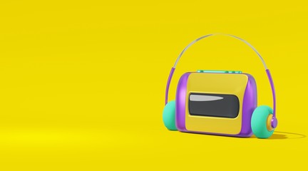 Poster - Audio player cassette cartoon style yellow background. Realistic concept toy tape recorder, headphones purple, green text space illustration. 3D rendering