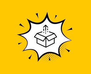 Aufkleber - Send box line icon. Comic speech bubble. Open delivery parcel sign. Cargo package symbol. Yellow background with chat bubble. Send box icon. Colorful banner. Vector