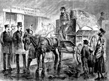 Arrested For Cruelty, A Vintage Drawing Of Man On Horse Drawn Wagon On Cobblestone Street, Police And Onlookers 1872