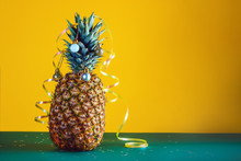Pineapple Decorated With Serpentine And Balls, Holidays Christmas And New Year Concept