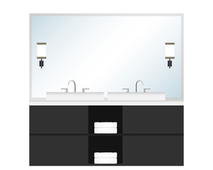 Wall Mural - Bathroom with a large mirror and lamps. Bathroom furniture with two sinks. Vector illustration.