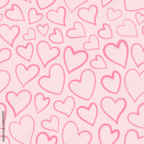 Romantic seamless pattern with cute images of hearts on a pink background. Th...