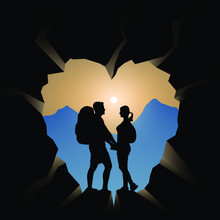 Couple Of Hikers In A Mountain Cave In A Shape Of Heart Against Sunrise. Travel And Adventure Concept. Vector Illustration EPS 10.