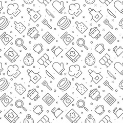 Cooking and kitchen related seamless pattern with outline icons