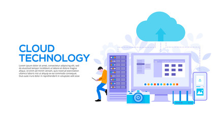 Poster - Cloud technologies design concept with server, smartphone and man. Flat vector illustration. Landing page template for web.