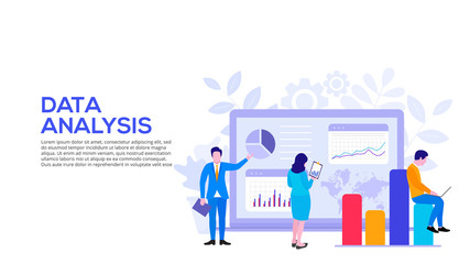 Poster - Data analysis design concept with people, chart and laptop. Flat vector illustration. Landing page template for web.