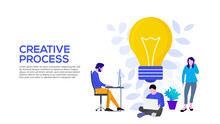 Creative Idea Vector Illustration Concept With Lightbulb And Working People. Flat Vector Illustration. Landing Page Template For Web.