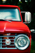 Vintage Pick-up Truck Close-up. Front View Of An Old Red Car