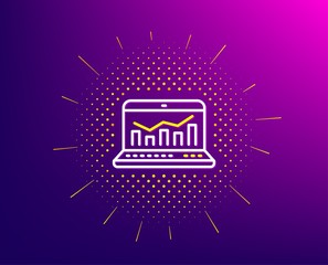 Marketing statistics line icon. Halftone pattern. Web analytics symbol. Laptop or Notebook sign. Gradient background. Web analytics line icon. Yellow halftone pattern. Vector