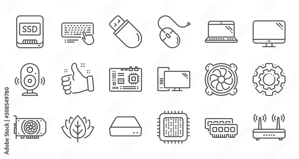 Computer device line icons. Motherboard, CPU and Laptop. SSD memory ...