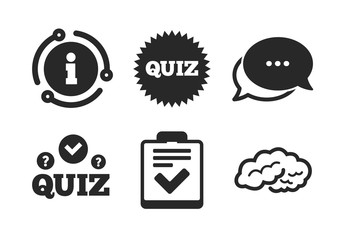 Poster - human brain think. chat, info sign. quiz icons. checklist symbol. survey poll or questionnaire feedb