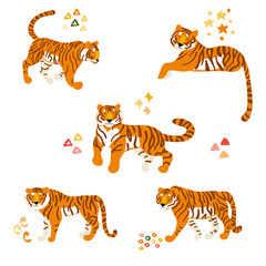 Aufkleber - Tigers. Set of vector hand drawn flat animal illustrations. Cartoon predator. Wild cats.
