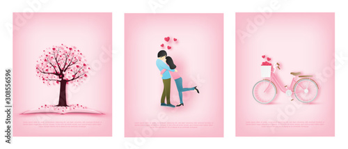 Illustration of love greeting card with a lovers hug each other and a bike and love tree. Digital craft paper art valentines day concept. © indysystem