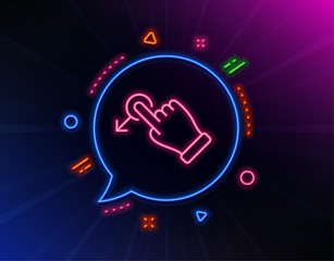 Poster - Drag drop gesture line icon. Neon laser lights. Slide arrow sign. Swipe action symbol. Glow laser speech bubble. Neon lights chat bubble. Banner badge with drag drop icon. Vector
