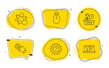 Poster - touchscreen gesture, question mark and web lectures signs. chat bubbles. integrity, swipe up and pre