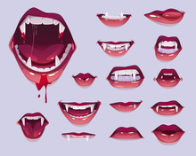Vampire Mouth With Fangs Set. Closed, Open Female Red Lips With Long Pointed Canine Teeth And Bloody Saliva Express Different Emotions Isolated On Grey Background Cartoon Vector Illustration, Clip Art