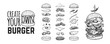 Burger menu. Vintage template with hand drawn sketches of a hamburger and its ingredients. Engraving style icons - bun, cutlet, cucumbers, tomatoes and cheese.