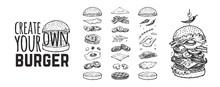 Burger Menu. Vintage Template With Hand Drawn Sketches Of A Hamburger And Its Ingredients. Engraving Style Icons - Bun, Cutlet, Cucumbers, Tomatoes And Cheese.