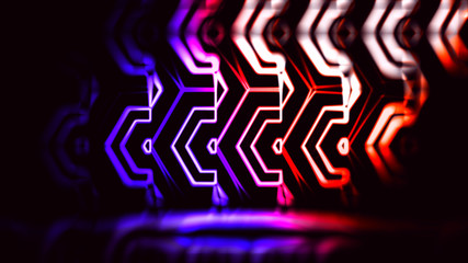 Poster - abstract three-dimensional bright geometric pattern red-white-blue neon on a black background, 3D render