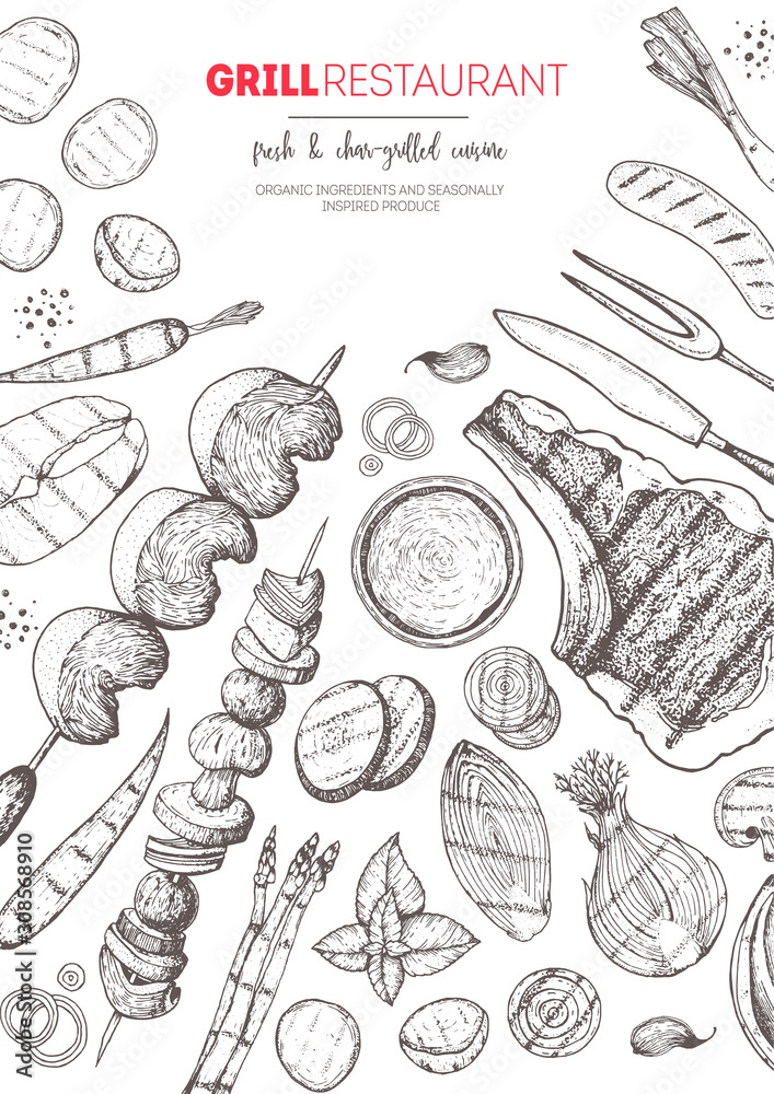 Grilled meat and vegetables top view frame. Vector illustration ...