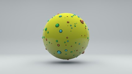 Poster - 3D rendering of abstract yellow sphere with lots of small colored balls on the surface. Abstract illustration isolated on white background with shadow on Studio surface.