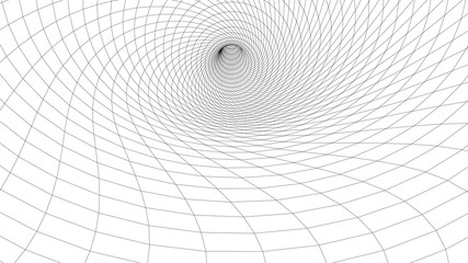Fototapete - Vortex. Vector perspective curved grid. Wireframe abstract tunnel. 3D vector wormhole with a mesh structure.