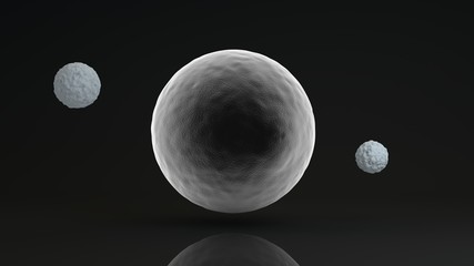 Poster - 3D rendering of a large glowing white sphere and two black balls placed side by side. The objects are in a dark Studio. Abstract composition of ideal figures, a combination of white and black.