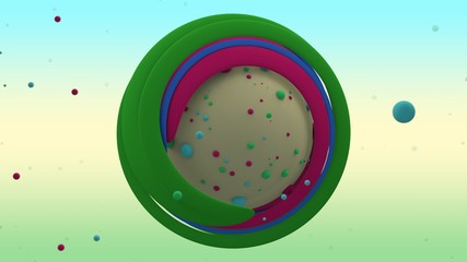 Poster - 3D rendering of abstract yellow sphere with lots of small multicolored balls on the surface and surrounded. Sphere in the center of the curved colorful rings of different sizes.