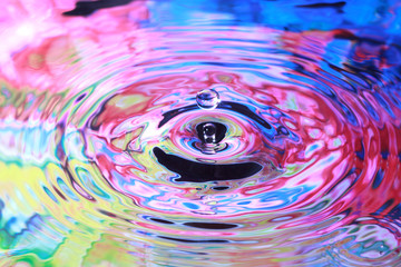 Photo art, Water drop and circles on on the water, colorful background in green, blue, red and yellow colors, selective focus on drop