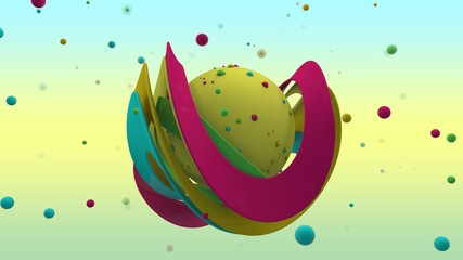 Poster - 3D rendering of abstract yellow sphere with lots of small multicolored balls on the surface and surrounded. Sphere in the center of the curved colorful rings of different sizes. Abstract background