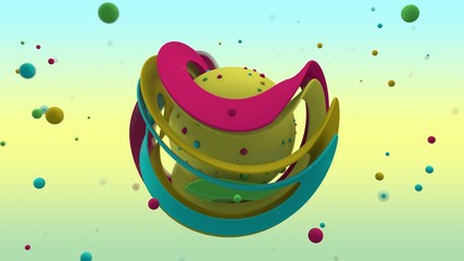 Poster - 3D rendering of abstract yellow sphere with lots of small multicolored balls on the surface and surrounded. Sphere in the center of the curved colorful rings of different sizes.