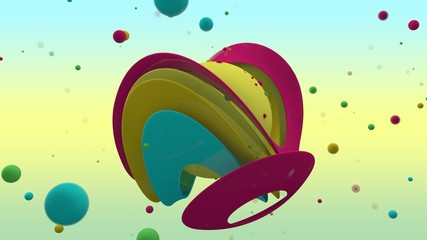 Poster - 3D rendering of abstract yellow sphere with lots of small multicolored balls on the surface and surrounded. Sphere in the center of the curved colorful rings of different sizes. Abstract background