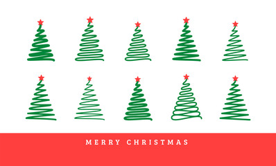 Christmas tree. Line draw scribbled stylized set. Decorative elements collection, holiday colored green red sign isolated on white. Vector illustration