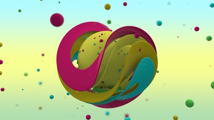 Poster - 3D rendering of abstract yellow sphere with lots of small multicolored balls on the surface and surrounded. Sphere in the center of the curved colorful rings of different sizes.
