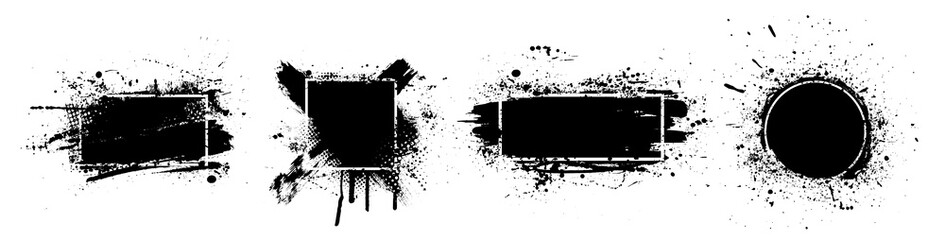 Fototapete - Black splashes grunge with frame. Dirty artistic design elements, boxes, frames for text. Black splashes isolated on white background. Set of black paint, ink brush strokes, brushes, lines. Vector