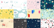 2020 Calendar Template. Vector Colorful Design With Illustrations