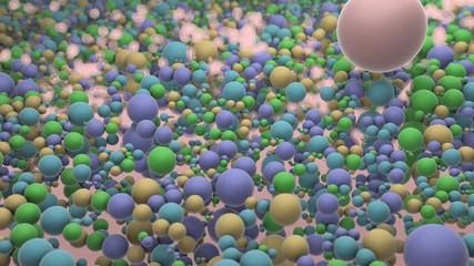 Poster - 3D rendering of many colored spheres of different sizes located in the plane and forming an abstract background. A large pink sphere moves on the surface of small balls.