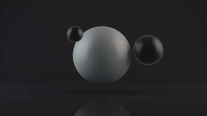 Poster - 3D rendering of a large glowing white sphere and two black balls placed side by side. The objects are in a dark Studio. Abstract composition of ideal figures, a combination of white and black.