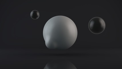 Poster - 3D rendering of a large glowing white sphere with an elongated, deformed edge and two black balls placed side by side. A combination of a deformed body and a perfect, black and white object.