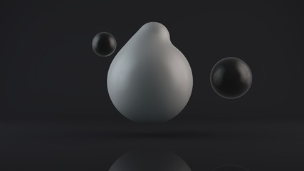 Poster - 3D rendering of a large glowing white sphere with an elongated, deformed edge and two black balls placed side by side. A combination of a deformed body and a perfect, black and white object.