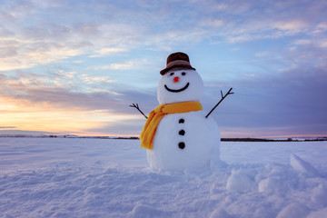 Funny snowman in stylish black hat and yellow scalf on snowy field. Merry Christmass and happy New Year!