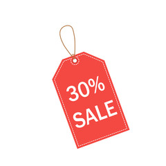 Big sale 30% off red leather label or price tag on white background, vector illustration