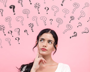 Poster - Small question marks with young woman in thoughtful pose