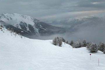 Canvas Print - Snowy trees on a winter mountain landscape, gloomy weather