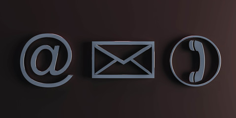 Fototapete - Contact Methods. Close-up Of A Phone, Email and Post Icons on dark background 3d illustration render