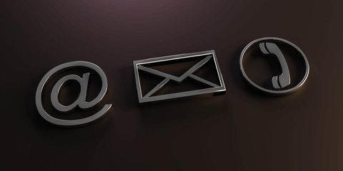 Fototapete - Contact Methods. Close-up Of A Phone, Email and Post Icons on dark background 3d illustration render