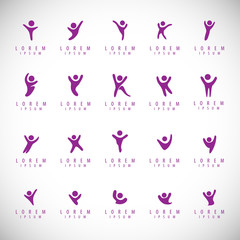  Abstract People Logo Set. Human Figure Isolated On Gray Background. Icons Collection For Human Success, Celebration Logo, Achievement Symbol And Activity. Different Happy People. Figure Logo, Vector