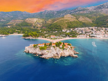 Beautiful Sunset Over Ulcinj Is Town On Coast Of Montenegro. Aerial View On Ada Bojana Island And Old Ulcinj Castle. 