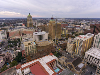 Aerial view of San Antonio downtown skyline including Tower Life Building, San Antonio, Texas, TX, USA.	