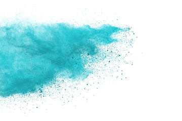  Blue sky color powder explosion on white background.
